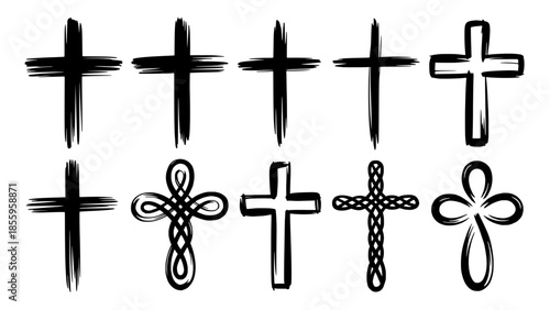 Set of hand-drawn brush crosses and Celtic knot crosses in black on white, vector icon collection