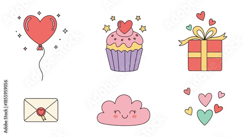 Romantic Collection of Valentine's:  A delightful array of charming elements perfect for Valentine's Day. Featuring a heart-shaped balloon, a cupcake, a wrapped gift, a love letter, a smiling cloud.