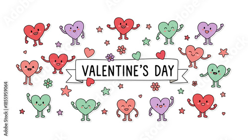 Valentine's Day Hearts Galore: An array of adorable, cartoonish hearts, each with their own unique personality and expressive faces, dance around a banner proclaiming VALENTINE'S DAY.