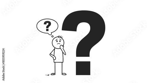 Stick Figure Character Standing Next to a Huge Question Mark, Expressing Deep Confusion and Dilemma with a Thought Bubble, on an Isolated White Background.