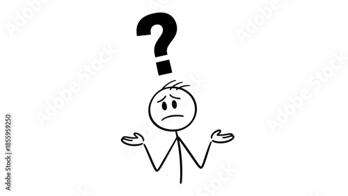 Confused Stick Figure Shrugging with Hands Up and a Question Mark Above Its Head, Expressing "I Don't Know" or Uncertainty on an Isolated White Background.