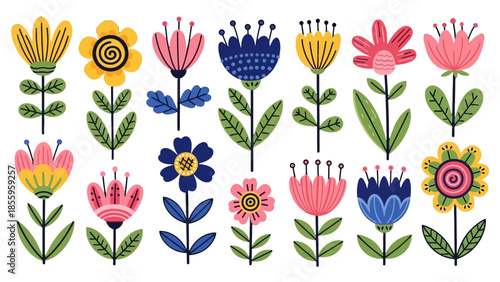 Vibrant Folk Art Style Stylized Flowers and Plants Collection on Isolated White Background