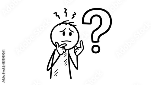 Confused Stick Figure Man Pondering with Question Mark on Isolated White Background