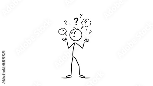 Puzzled Stick Figure Man Shrugging with Multiple Question Marks Floating on Isolated White Background
