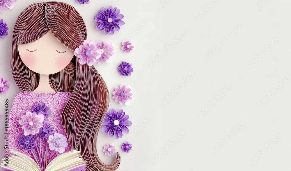 Naklejka premium An illustration shows a girl holding an open book with purple flowers around her on a plain soft background in a simple flat style.