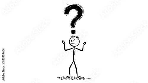 Stick Figure Person Shrugging with Question Mark Showing Confusion on Isolated White Background