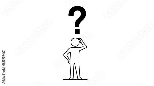 Confused Stick Figure Man Scratching Head with Big Question Mark on Isolated White Background