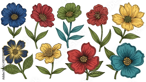 Wallpaper Mural Vintage Style Detailed Botanical Illustrations of Various Colorful Flowers and Leaves on Isolated White Background Torontodigital.ca