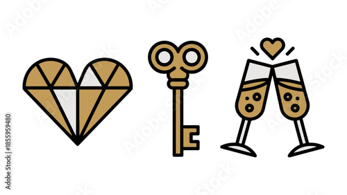 Golden Celebration: An exquisite illustration featuring a golden diamond heart, a vintage key, and clinking champagne glasses, symbolizing love, legacy, and joyous celebrations.
