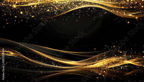 Elegant Golden Waves with Sparkling Effects on Black Background.