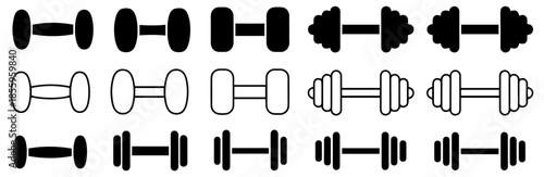 dumbbell barbell black line icon set