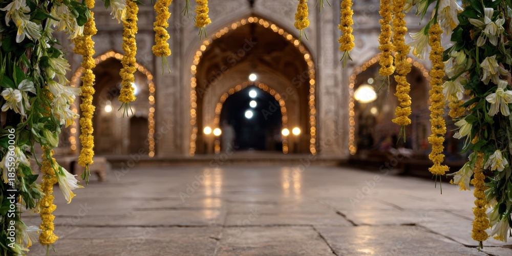 Obraz premium islamic architecture, a spacious interior displaying a traditional islamic arch adorned with jasmine garlands and shimmering lanterns for shab-e-barat clear, symmetrical composition from near to far