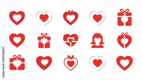 Love's Diverse Expressions: A collection of heart symbols, each unique, reflecting the various facets of affection, ranging from gifts to abstract expressions of love and romance.