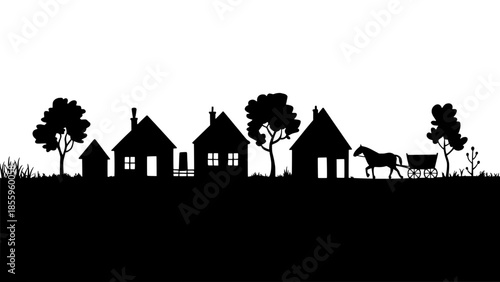 Silhouette of a rural village with houses, trees, and a horse-drawn cart
