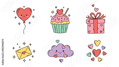 Love's Array: An array of adorable icons, including a heart-shaped balloon, cupcake, wrapped present, envelope, cloud, and floating hearts, perfect for expressing affection and celebrating love.