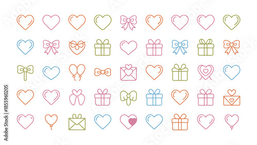 Collection of Hearts and Gifts: A visually captivating pattern, a symphony of delicate line art, heart icons dance in a vibrant array of colors alongside charming gift boxes and bows. 