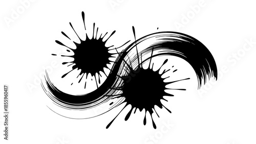 Abstract black ink splats with curved sweeping brush strokes forming an S-curve