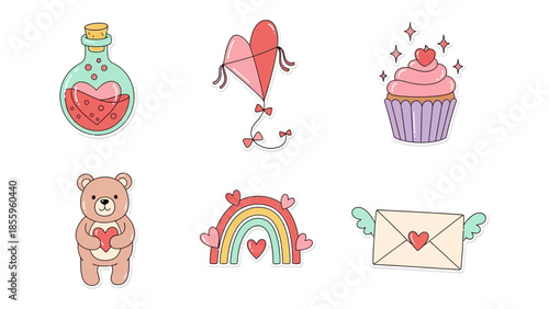 Valentine's Day Icon Set: A delightful illustration showcases a set of charming icons to represent the sentiment of love, designed in a playful and whimsical style. 