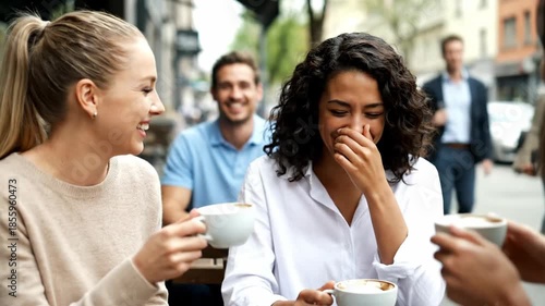 Joyful young woman laughing genuinely at an outdoor cafe, enjoying coffee and conversation.