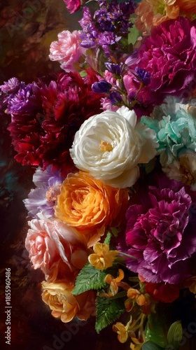 Bright flowers of many colors arranged together in a creative display with green leaves in a soft light setting