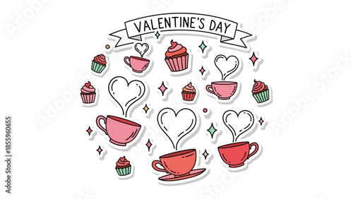 Valentine's Day Doodle: A cheerful doodle depicts Valentine's Day, featuring whimsical elements like hearts and sweet treats, embodying the spirit of affection and celebration.