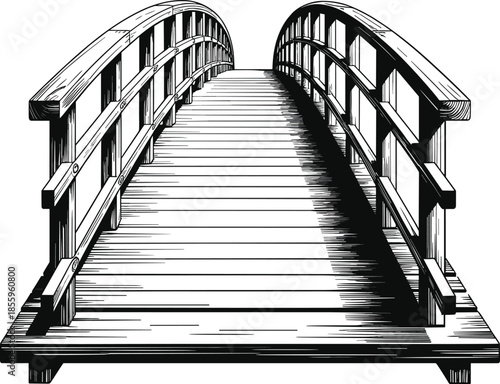 Detailed Woodcut Illustration of a Classic Arched Wooden Footbridge with Intricate Railing and Hatching Shading for Garden and Landscape Design Branding.