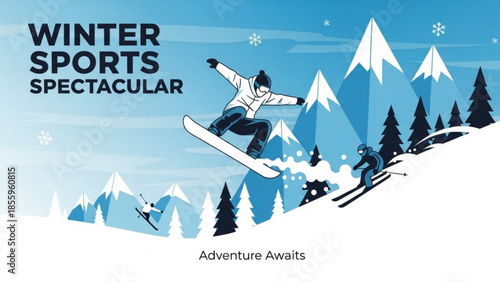 Winter Sports Spectacle: Dynamic illustration showcasing winter sports, capturing the thrill of snowboarding and skiing against a backdrop of majestic mountains and falling snow.