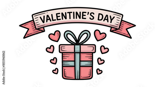 Gift of Affection: A beautifully wrapped gift, symbolizing love and connection, surrounded by hearts and a ribbon bearing the message of Valentine's Day. It captures the essence of romance.