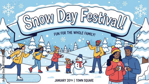 Snow Day Festival: A vibrant scene of people enjoying a Snow Day Festival, with snowflakes gently falling amidst a flurry of winter fun and festive activities.