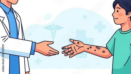 Doctor-Patient Handshake: A close-up illustration of a caring doctor and a patient sharing a handshake, symbolizing trust, healthcare, and human connection.