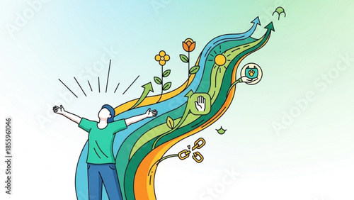 Embracing Growth and Progress: A person embraces growth and progress, arms wide with a vibrant visual of flourishing life and direction.