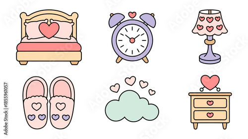 Cozy Bedroom Elements: A charming illustration depicts essential bedroom elements: a bed with heart-shaped pillows, an alarm clock, a bedside lamp, a pair of slippers, a cloud with floating hearts.