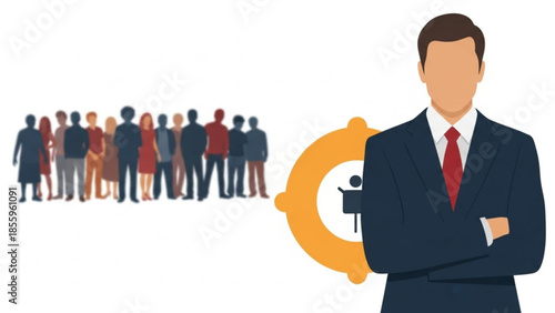 Strategic Leadership and Collective Goals: A professional leader stands confidently, representing a diverse team focused on shared objectives and targets.