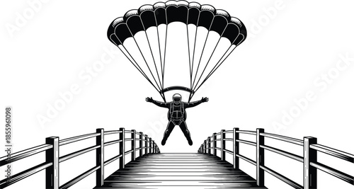 Detailed Woodcut Illustration of a Paratrooper Descending with an Open Parachute Toward a Symmetrical Wooden Footbridge for Adventure Travel and Military History Branding.