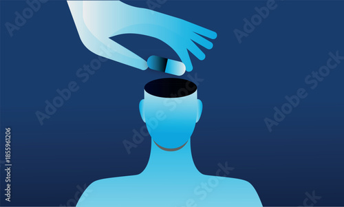 Abstract illustration of mental health treatment with open human head and hand holding a pill. Concept of medication, therapy, depression, anxiety, psychological help and emotional care.