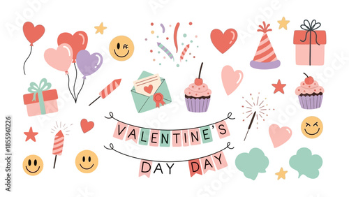 Valentine's Day Elements: A collection of delightful illustrations for Valentine's Day, featuring heart-shaped balloons, gift boxes, cupcakes, and the Valentine's Day banner.
