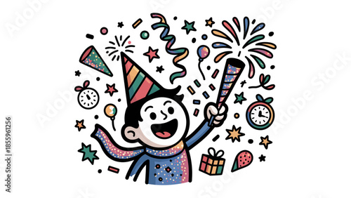 Joyful Celebration: A joyful child, adorned with a festive hat, embraces a moment of joyous celebration, surrounded by streamers, confetti, and fireworks, symbolizing festive fun and happiness.