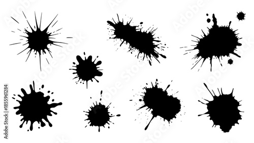 Abstract black ink splatters and blobs on white background - vector illustration
