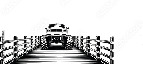 Surreal High-Contrast Woodcut Illustration of a Massive Monster Truck Driving Across a Narrow Symmetrical Wooden Footbridge for Automotive and Humorous Branding.