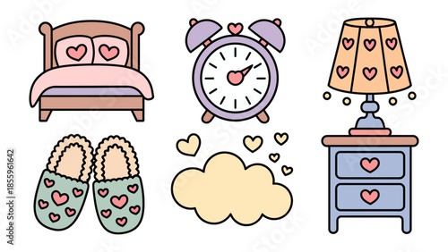 Cozy Bedtime Essentials: A charming illustration depicts the essence of comfort and relaxation with elements like a bed, alarm clock, slippers, nightstand, and a lamp.