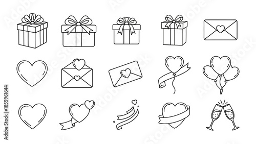Valentine's Day Icon Set: A delightful array of line art icons perfect for celebrating love, friendship, and romance. featuring gifts, hearts, envelopes, and champagne glasses.