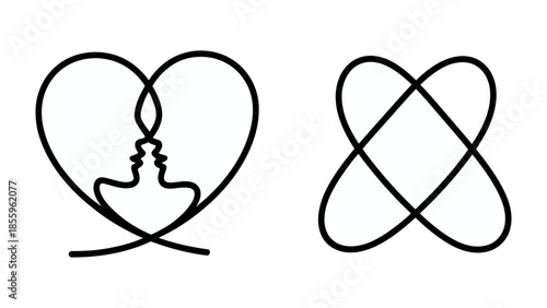 Artistic Abstract Symbol of love and infinity: A minimalist line art piece of two intertwined symbol designs, one a heart-shaped silhouette embracing two profiles, the other.