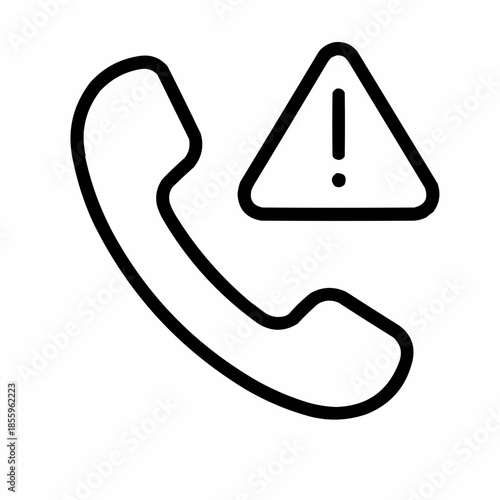 Line icon of a phone with alert symbol — emergency contact, black on white, square minimalist style