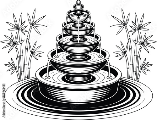 Detailed Woodcut Illustration of a Five-Tiered Ornate Fountain Symmetrically Framed by Bamboo Stalks with Rippling Water for Zen Garden and Wellness Branding