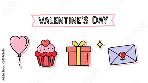 Valentine's Day Icon set: A charming ensemble of Valentine's Day icons, perfect for expressing love and affection, featuring a heart-shaped balloon, cupcake, gift, and letter.
