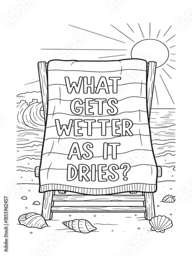 Funny Beach Riddle Coloring Page: What Gets Wetter As It Dries?