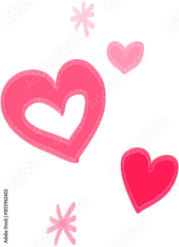 Hand Drawn Pink Heart Set, Cute Love Doodle Clipart and Romantic Sticker Elements on Transparent Background
