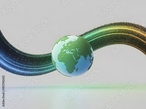 Global Harmony: A captivating abstract composition of a globe intertwined with a ribbon-like structure of interconnected points. The visual suggests unity and connectivity of the globe