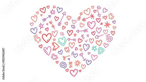 Heart of Hearts: A vibrant illustration of hearts, stars, and arrows in varying sizes and hues, creatively arranged to form a magnificent heart shape, celebrating love and affection.