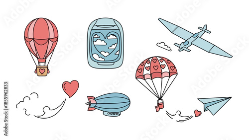Love in the Air: A collection of charming illustrations showcasing the romance and adventure associated with flight and travel, including a hot air balloon, airplane, blimp, parachute, paper airplane.